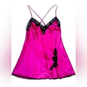 Fredericks of Hollywood Iconic Fuchsia Satin Slip Lingerie with Black Trim Small